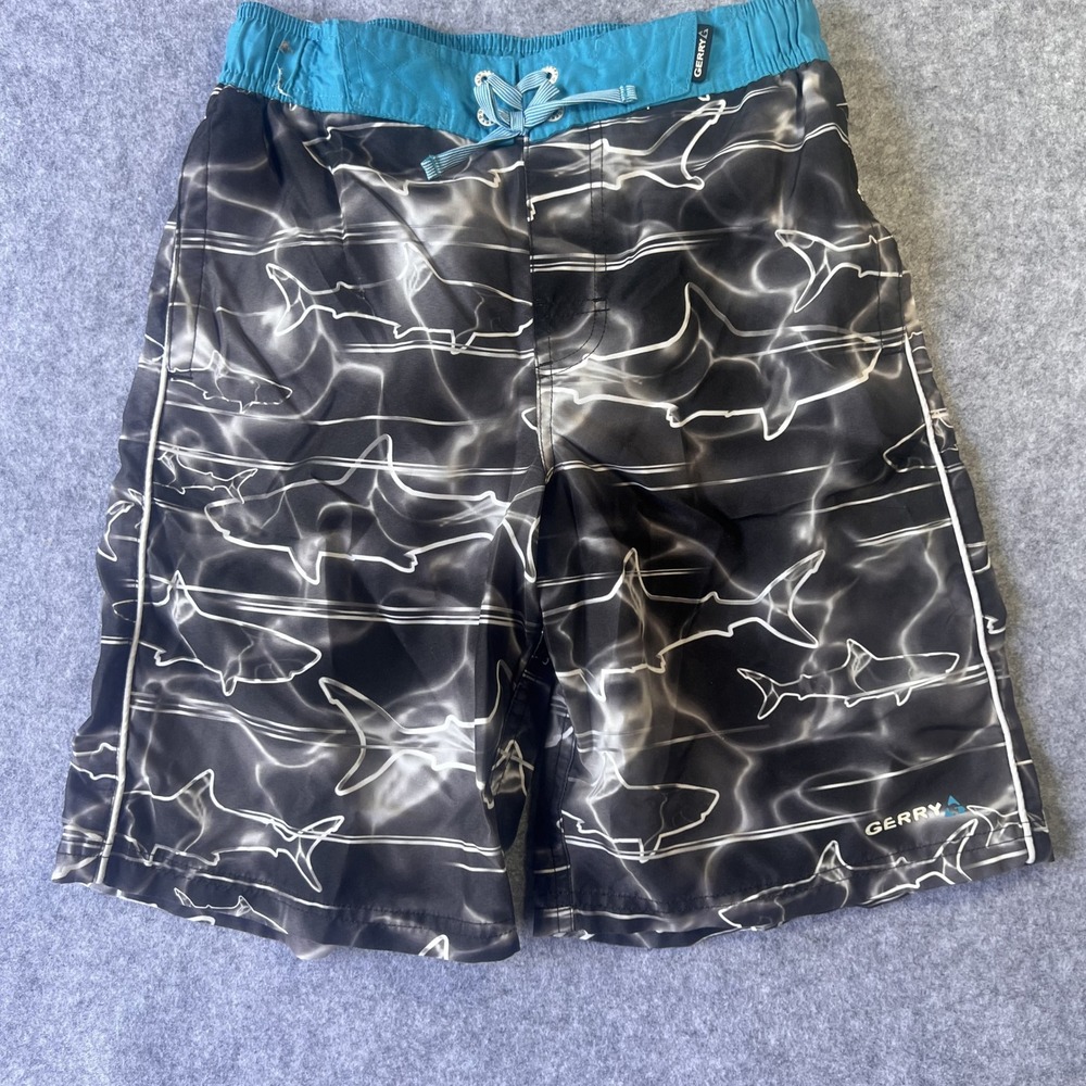 Gerry Shark Print Swim‎ Trunks L-14/16 Black Blue Polyester Board Shorts